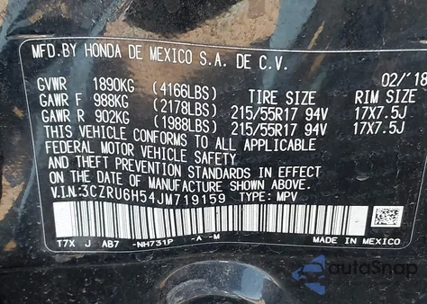 2018 Honda Hr-V Ex из США, поврежденный, VIN 3CZRU6H54JM719159